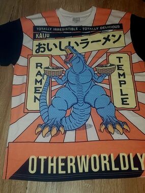 Brisco Brand Kaiju Ramen Temple Godzilla  Graphic T-Shirt - Orange/Blue